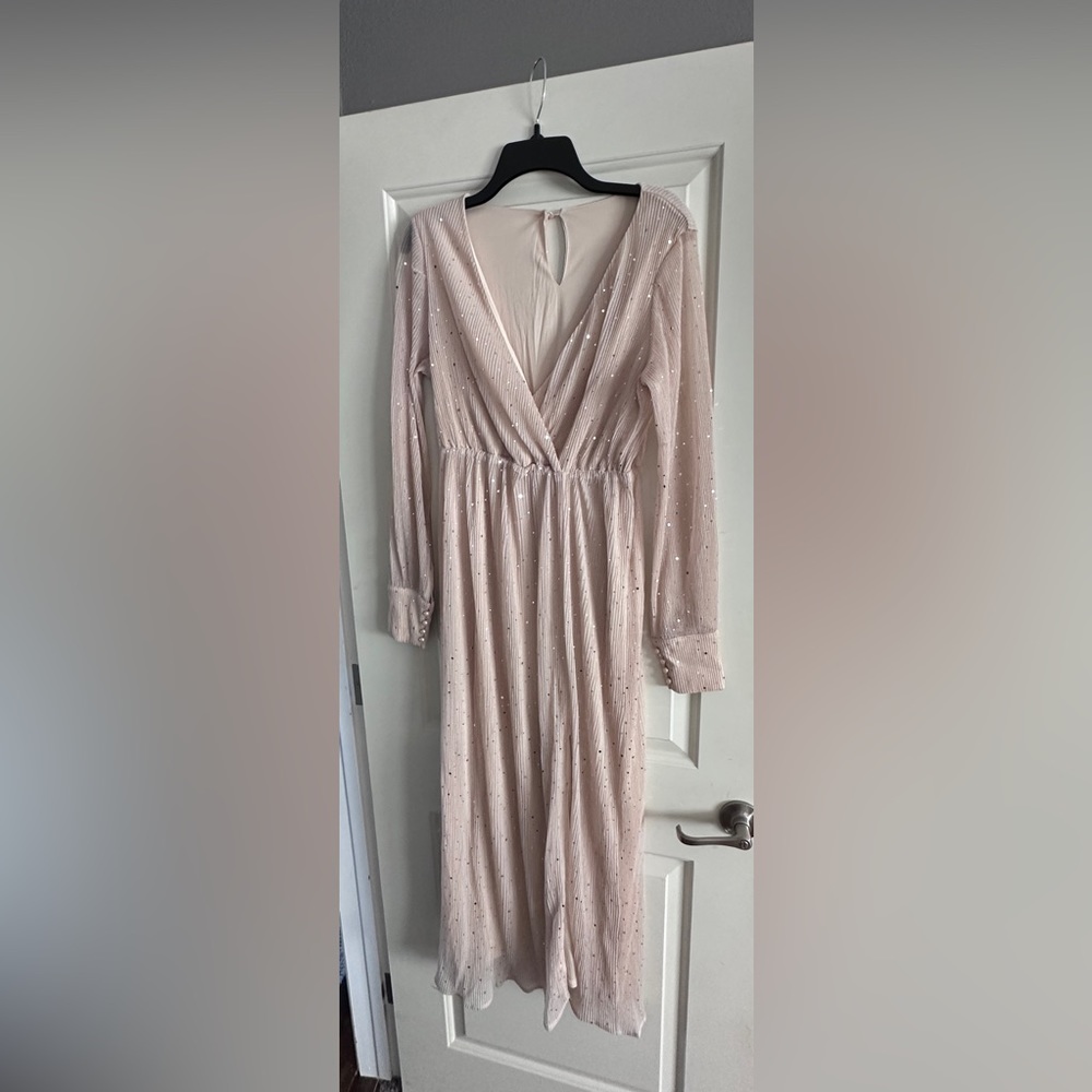 Long dress. Nude/tan color with sparkles. Worn for wedding. Size small.
